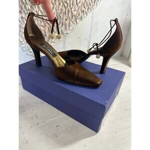 Stuart Weitzman Jezebella Bronze Sparkle Lame Crystals Ankle Strap Heel Size 7